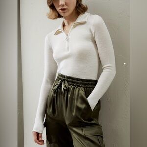 Lilysilk White Gaia Ribbed Half Zip Pullover Sweater Ultra Fine Merino Wool
